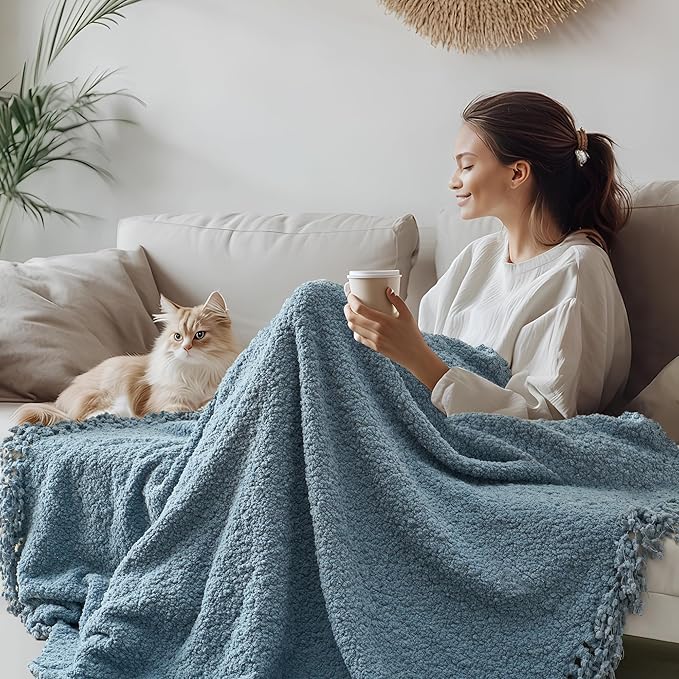 Throw Blanket for Couch, Dusty Blue Luxury Knitted Throws 50"x60", Textured Blankets with Handmade Fringe Tassels for Bed Sofa Decorative, Chunky Soft Farmhouse Boho Home Decor