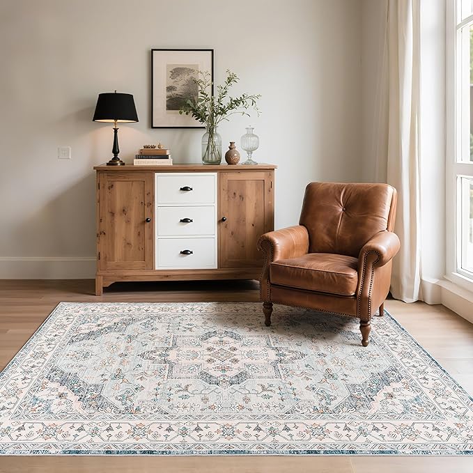 CRYPTOLITE Vintage Area Rug 5x7 Rugs, Machine Washable Rug Non-Slip Low Pile Rug for Living Room, Bedroom, Farmhouse, Dining Room, Blue