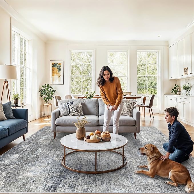 8x8 ft Square Living Room Rug – Washable Modern Neutral Abstract Area Rug for Bedroom, Dining Room, Kitchen – Non-Slip Soft Low-Pile Indoor Floor Carpet (Blue Grey,8x8)