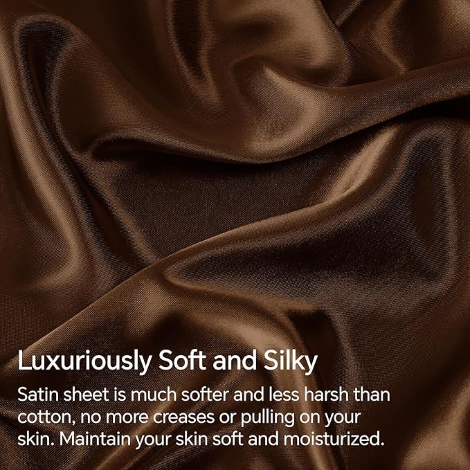 BEDELITE King Size Sheets Set, Luxury Soft Brown Satin Sheets for Hair and Skin, Similar to Silk Bed Sheets Set 4 Pieces with 1 Deep Pocket Fitted Sheet, 1 Flat Sheet, and 2 Pillowcases
