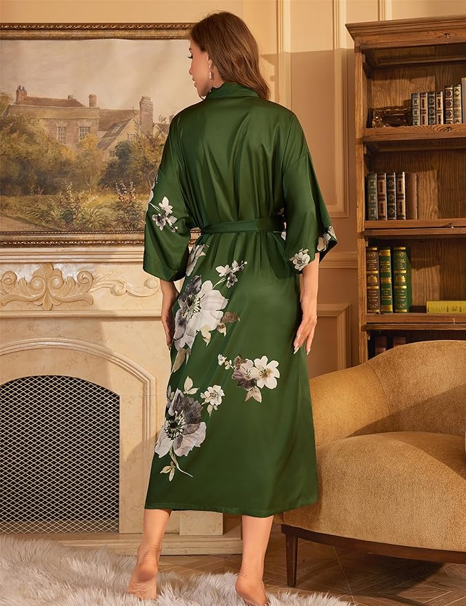 Kihnop Women's Floral Long Kimono Robe Long Satin Robe Long Silk Robe Ladies Kimonos Silky Bathrobe Cover Up, One Size