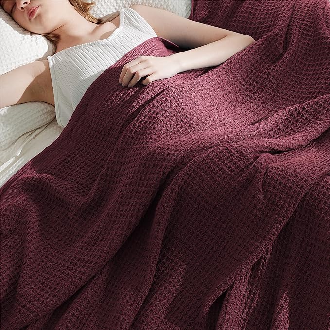 Bedsure Gentlesoft 100% Cotton Blanket King Size for Bed - Breathable and Soft for Spring Summer, Thick Cozy Waffle Weave Blanket Gifts for Women, Burgundy, 104x90 inches