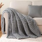 Bunnikins & Clover Chunky Knit Throw Blanket for Couch, Light Grey Throw Blanket for Home Decor, Handmade Chenille Cable Knit Throw Crochet Blanket, 50"x60"