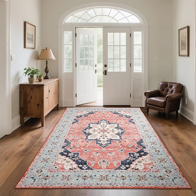 CRYPTOLITE Vintage Area Rug 5x7 Rugs, Machine Washable Rug Non-Slip Low Pile Rug for Living Room, Bedroom, Farmhouse, Dining Room, Red&Blue