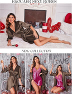 Ekouaer Women's Satin Robe Valentines Lingerie for Women Kimono Bathrobe Short Ruffle Belted Robes Bridesmaids Sleepwear