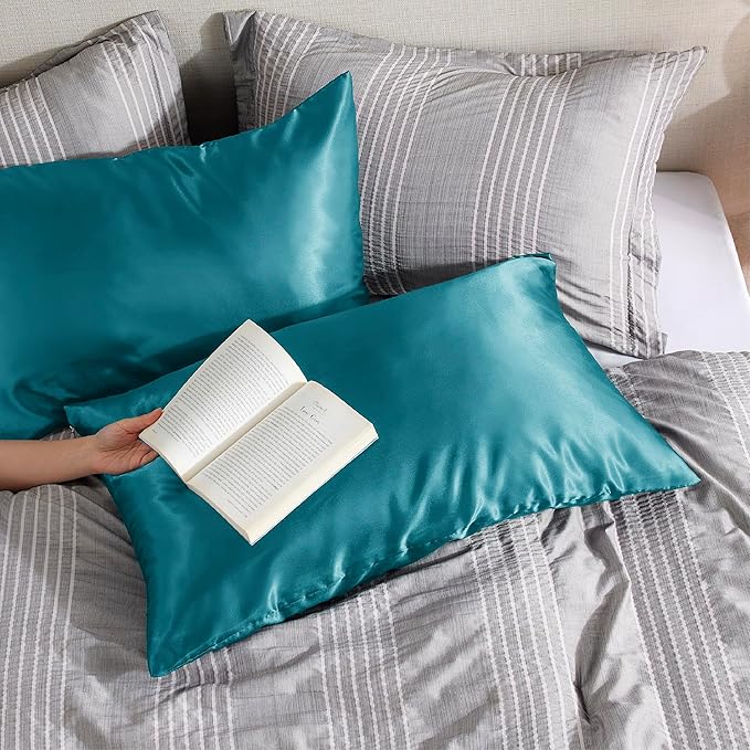 Bedsure Satin Pillowcase with Zipper, Similar to Silk Pillow Cases 2 Pack, Satin Pillow Cases Queen Size Set of 2, Silky & Soft Teal Pillow Covers for Hair and Skin, Gifts for Women Men, 20x30 Inches