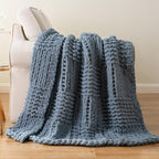 Bunnikins & Clover Dusty Blue Throw Blanket, Handmade Chenille Cable Chunky Knit Throw for Couch, Blue Grey Throw Blanket for Home Decor, 50"x60"