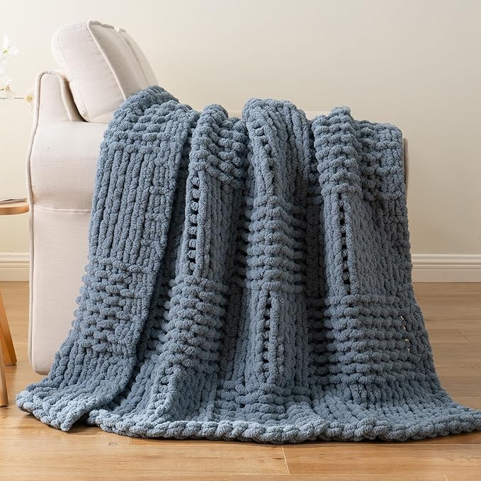 Bunnikins & Clover Dusty Blue Throw Blanket, Handmade Chenille Cable Chunky Knit Throw for Couch, Blue Grey Throw Blanket for Home Decor, 50"x60"