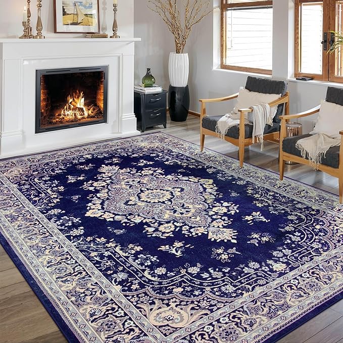CRYPTOLITE Living Room Rug 7x10, Machine Washable Area Rug Non Slip Low Pile Rug for Living Room, Bedroom, Farmhouse, Dining Room, Navy Blue