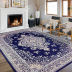 CRYPTOLITE Living Room Rug 7x10, Machine Washable Area Rug Non Slip Low Pile Rug for Living Room, Bedroom, Farmhouse, Dining Room, Navy Blue