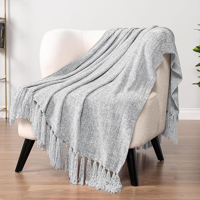 PAVILIA Light Gray Chenille Throw Blanket for Couch, Twin Size Bed, Sofa - Soft Knit Woven With Tassel, Decorative Textured for Living Room, Light Grey 60x80