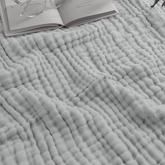Comfy Cubs Muslin Blanket for Adults Queen 90" x 90" - 6 Layer Soft, Breathable & Lightweight Muslin Adult Blanket - Machine Washable & Designed in The US Bedding for All Seasons - Heather Blue