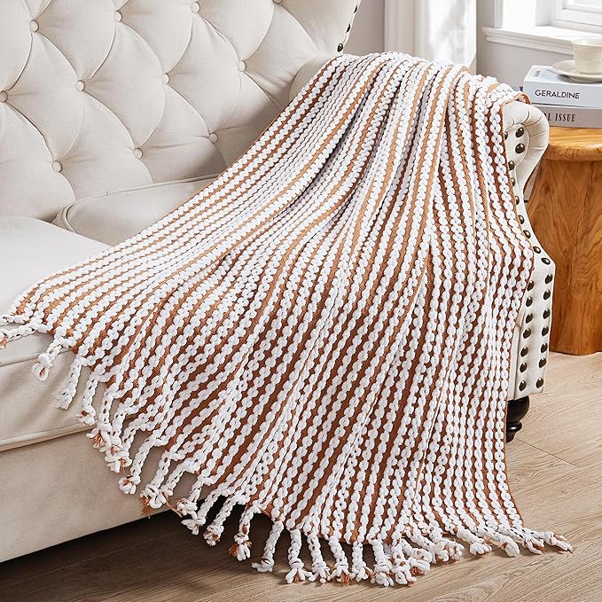 Striped Knit Throw Blanket with Braided Tassels 50" x 60", Hand Knitted Soft Chunky Chain Design Boho Farmhouse Blanket, Two Tone Tassel Decor Throw for Couch Bed Sofa Outdoor, Camel White