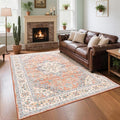 CRYPTOLITE Vintage Area Rug 5x7 Rugs, Machine Washable Rug Non-Slip Low Pile Rug for Living Room, Bedroom, Farmhouse, Dining Room, Orange