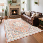 CRYPTOLITE Vintage Area Rug 5x7 Rugs, Machine Washable Rug Non-Slip Low Pile Rug for Living Room, Bedroom, Farmhouse, Dining Room, Orange