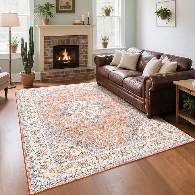 CRYPTOLITE Vintage Area Rug 5x7 Rugs, Machine Washable Rug Non-Slip Low Pile Rug for Living Room, Bedroom, Farmhouse, Dining Room, Orange