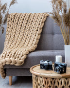 Throw Blanket Full Size 54"x75" for Bed - Chunky Knit Blanket, Boho Throw Blanket for Couch 100% Merino Wool (Dark Beige, 54"x75")