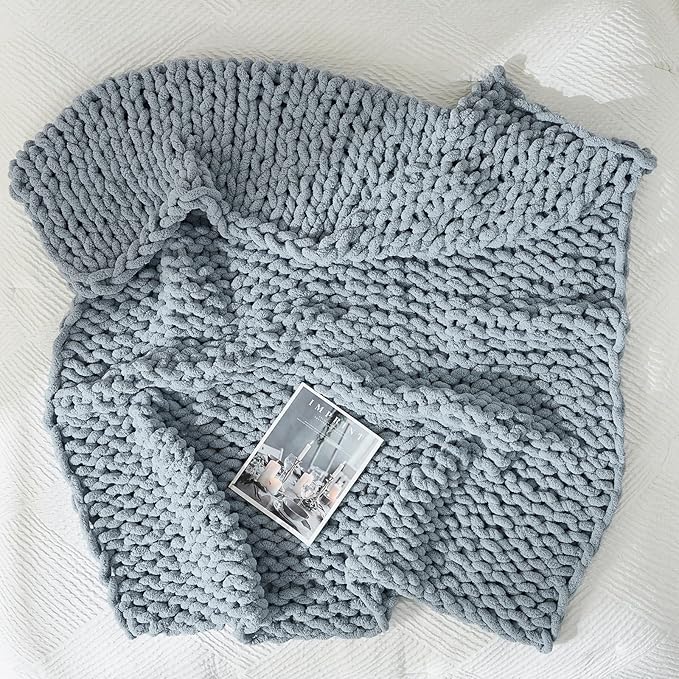 YAAPSU Chunky Knit Throw Blanket for Couch, 51"x63", 100% Hand Knitted Thick Cable Knit with Cozy Jumbo Chenille Yarn, Soft Large Rope Knot Crochet Blankets for Sofa Bed Living Room Décor, Fog Blue