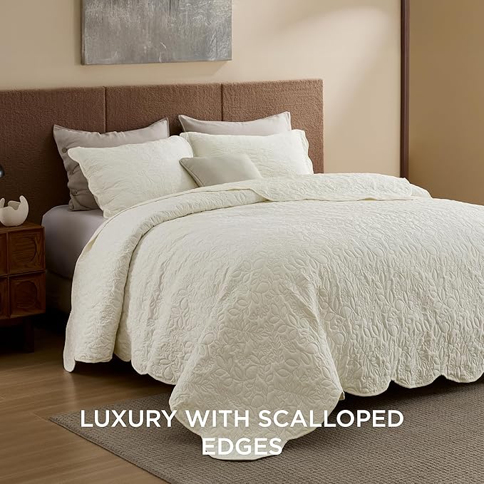 Bedsure Quilts Queen Size - Ultra Soft Pre-Washed Cloud-Like Bedding, All-Season Lightweight Comforter for Country Bedroom, Leaf Design Coverlet in Cream Yellow, 90 x 96 Inches | Stitch-Free Quilting, Ultra Soft, Lightweight, Machine Washable, Pet-Frie...