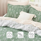 Bedsure King Comforter Set - Green Bed Set, 3 Pieces Cute Floral Bedding, 1 Soft Reversible Botanical Flowers Comforter and 2 Pillow Shams