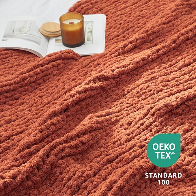 Amélie Home Chunky Knit Throw Blanket for Couch, Soft Chenille Handmade Crochet Throw Rope Knot Blanket for Couch, 50"x60", Burnt Orange