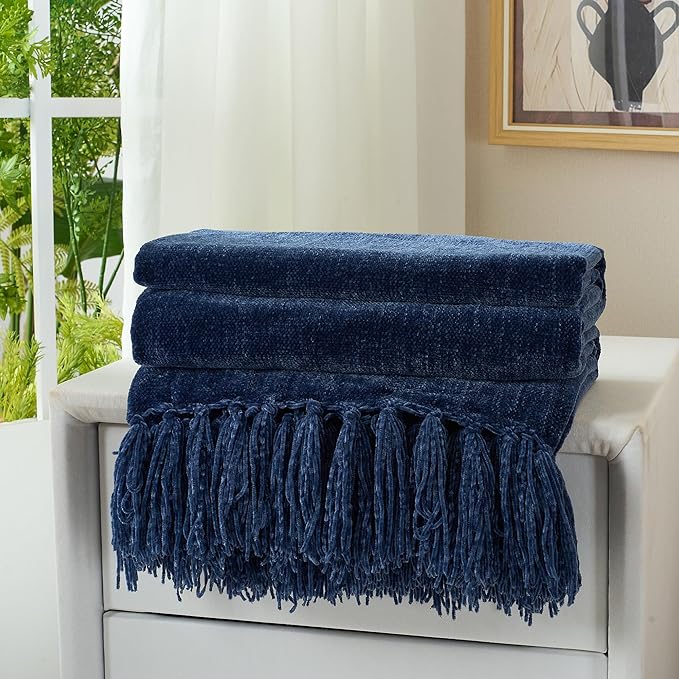 Chenille Throw Blanket for Couch with Tassels,50"X60" Soft Cozy Lightweight Knitted Boho Decorative Blankets for Bed and Sofa,Navy Blue
