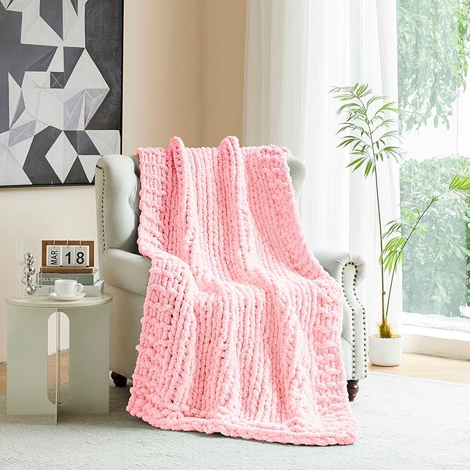 clootess Chunky Knit Blanket Knitted Throw Crochet Chenille Yarn Woven for Bed Sofa Textured Thick Cable Decor (Pink 40x60 in)