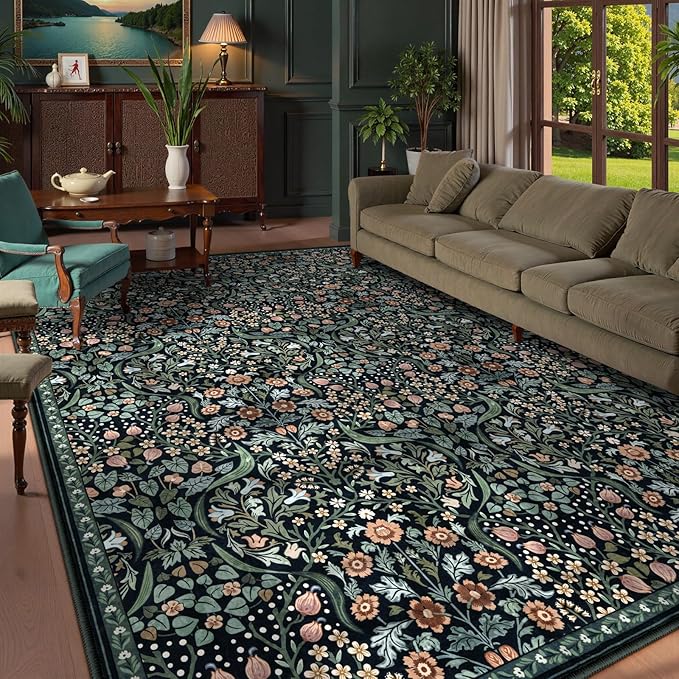 Lahome Claude Floral 9x12 Black Rug for Living Room, Boho Thin Stain Resistant Dining Room Rugs for Under Table, Soft Carpet with Rubber Backing for Guestroom