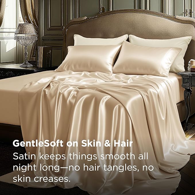 Bedsure Satin Sheets Queen Size - 4 Piece Silky Bedsheets with Elastic Corner Straps and 15 Inches Deep Pocket Fitted Bedsheet,1 Flat Sheet, 2 Satin Pillowcases, Good for Hair & Skin (Queen,Champagne)