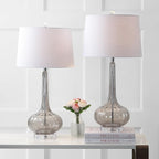 JONATHAN Y 28.5" Smoke Gray Glass Teardrop LED Table Lamp Set of 2 for Living Room Bedroom Nightstand, White Linen Shade Modern Transitional Bedside Desk Lamp (JYL1079D-SET2)