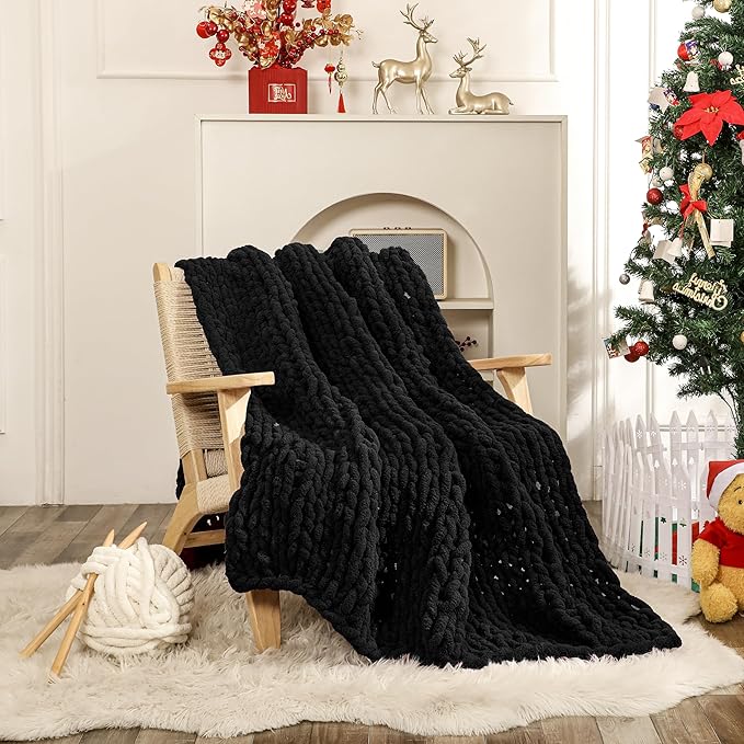 WESHIONGOO Chunky Knit Blanket Throw 51"×63" Knitted Throw Blankets for Couch Bed Fluffy Soft Blanket with Jumbo Chenille Yarn Thick 100% Handmade (Black)