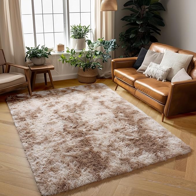 Amdrebio Tie-Dyed Beige Tan Rugs for Bedroom Living Room, Cute Fluffy Plush Neutral Area Rug 4x6 for Kids Room Decor Aesthetic, Soft Furry Fuzzy Shaggy Carpet for Baby Nursery Playroom Preppy Dorm