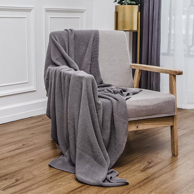 Longhui bedding Dark Grey 100% Cotton Lightweight Cable Knit Throw Blanket for Couch Sofa Bed Home Decorative, Bonus Laundering Bag, Dark Gray 50“ x 60”, Machine Washable