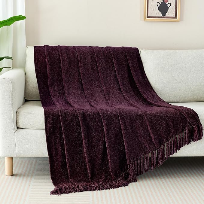 Chenille Throw Blanket for Couch with Tassels,50"X60" Soft Cozy Lightweight Knitted Boho Decorative Blankets for Bed and Sofa,Aubergine