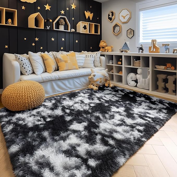 Amdrebio Black White Grey Cool Area Rugs for Bedroom Living Room, Fluffy Modern Furry Rugs for Kids Room Decor, Plush Shaggy Throw Rug 4x6 for Men Teen Boy, Aesthetic Floor Carpet for Dorm Home Office