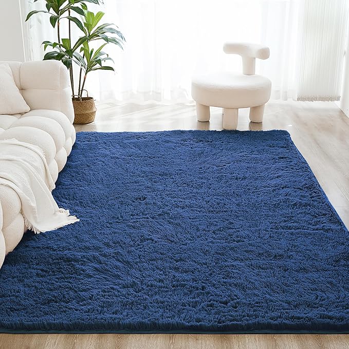 Litanika 9x12 Shag Area Rug for Living Room Bedroom, Dark Blue High Pile Soft Plush Shaggy Furry Bedside Playroom Dorm Carpet, Non-Slip, Non-Shedding Modern Indoor Floor Rug