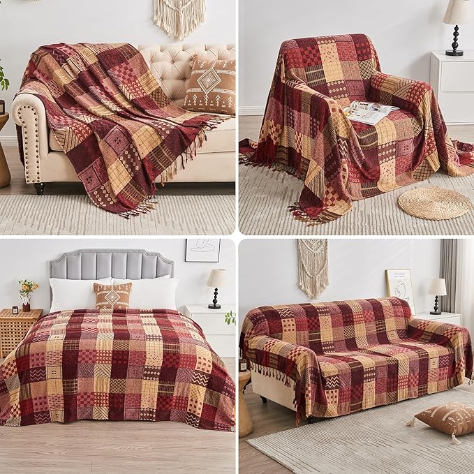 Boho Throw Blanket,Patchwork Large Blankets for Sofa Double Bed Armchair Couch,Weighted Soft Furniture Throws,Tassels Chenille Throws and Blankets for Bohemian Decor (86"*102")…