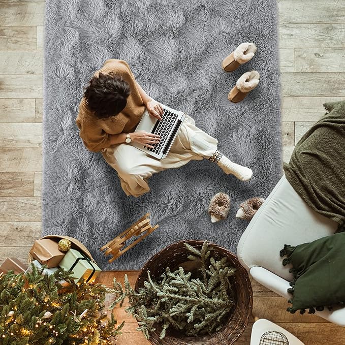 Softlife Area Rug for Bedroom, Fluffy Shag Plush Grey Rugs for Living Room Girls, Shaggy Throw Soft Fuzzy Small Kids Carpet for Dorm Bedside Ultra Cozy Non-Slip Indoor Decor, 4x5.3 Feet