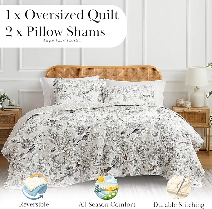 Southshore Fine Living, Inc. Oversized King Quilt Bedding Set with Two Matching Quilted Pillow Shams, Bayberry Collection, All Season Floral California/King Bed Spread Set, Summer Coverlet, Ivory