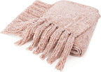 PAVILIA Pink Chenille Throw Blanket for Couch Sofa, Light Pink Soft Knit Throw with Tassel, Decorative Blanket for Bed Chair Living Room, Blush Pink 50x60