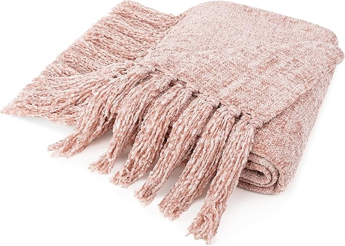 PAVILIA Pink Chenille Throw Blanket for Couch Sofa, Light Pink Soft Knit Throw with Tassel, Decorative Blanket for Bed Chair Living Room, Blush Pink 50x60