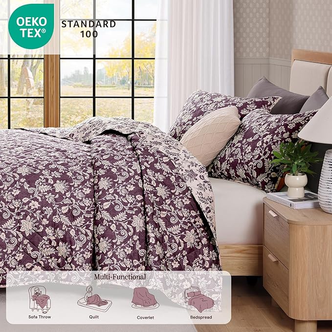 BLOOMHAVEN Quilt Set Queen Size, Italian Plum Floral Quilt Sets, Reversible Bedspread Lightweight and Breathable for All Seasons, Soft Quilted Bedspread with 2 Pillow Shams