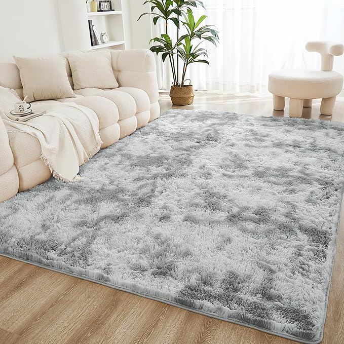 Litanika 5x8 Shag Area Rug for Living Room Bedroom, Tie-Dyed Light Grey High Pile Soft Plush Shaggy Furry Bedside Playroom Dorm Carpet, Non-Slip, Non-Shedding Modern Indoor Floor Rug