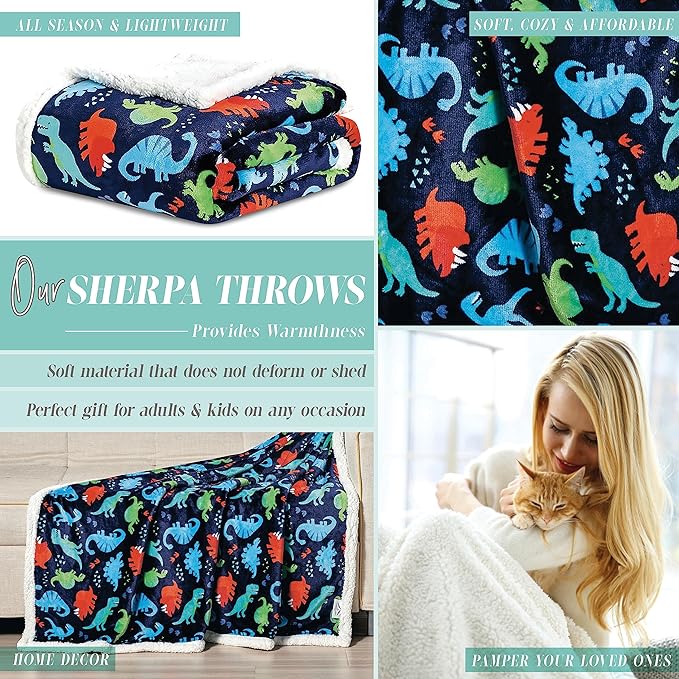 Elegant Comfort Throw Blanket, Reversible Sherpa Flannel, Ultra-Soft, Fuzzy, Cozy and Plush- All Season Lightweight Decorative Throw, 50 x 60 inches, Navy Dino Sherpa Throw