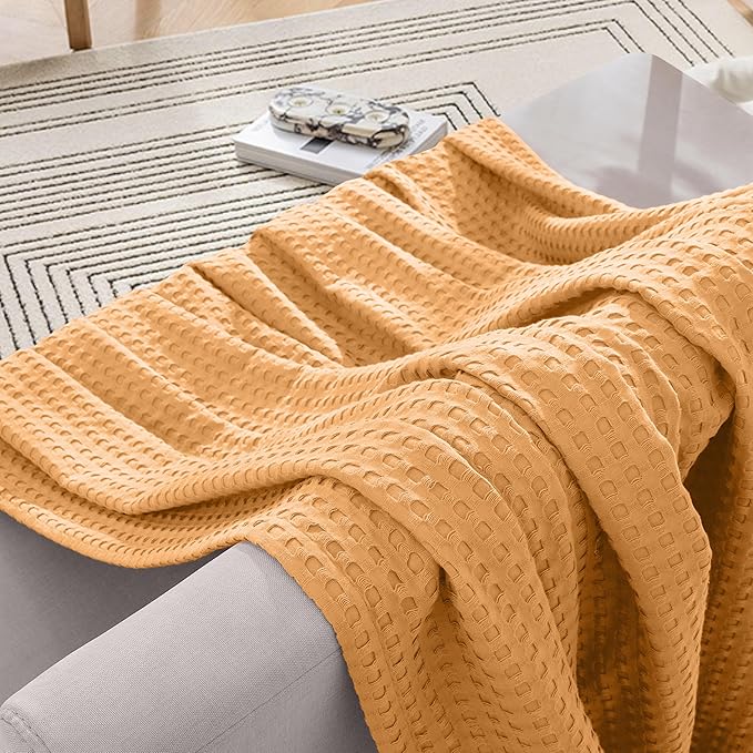 Elegant Comfort Premium 100% Cotton Waffle Blanket - Lightweight Breathable Waffle Weave Bed Blanket - Soft and Warm All Season Blanket for Couch, Sofa and Bed, Full Size 88x88 Inches, Gold