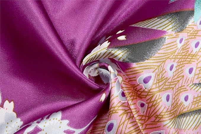 Valennia Women Long Silky Bathrobe Satin Kimono Robe Floral Printed Dressing Gown Sleepwear