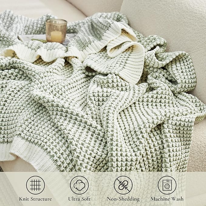 Amélie Home Knit Throw Blanket, Soft Chenille Cozy Breathable Pineapple Chunky Decorative Blanket for Couch, Bed & Sofa, French-Inspired Lightweight Warm Gift for Women, Sage Green, 50"x60"