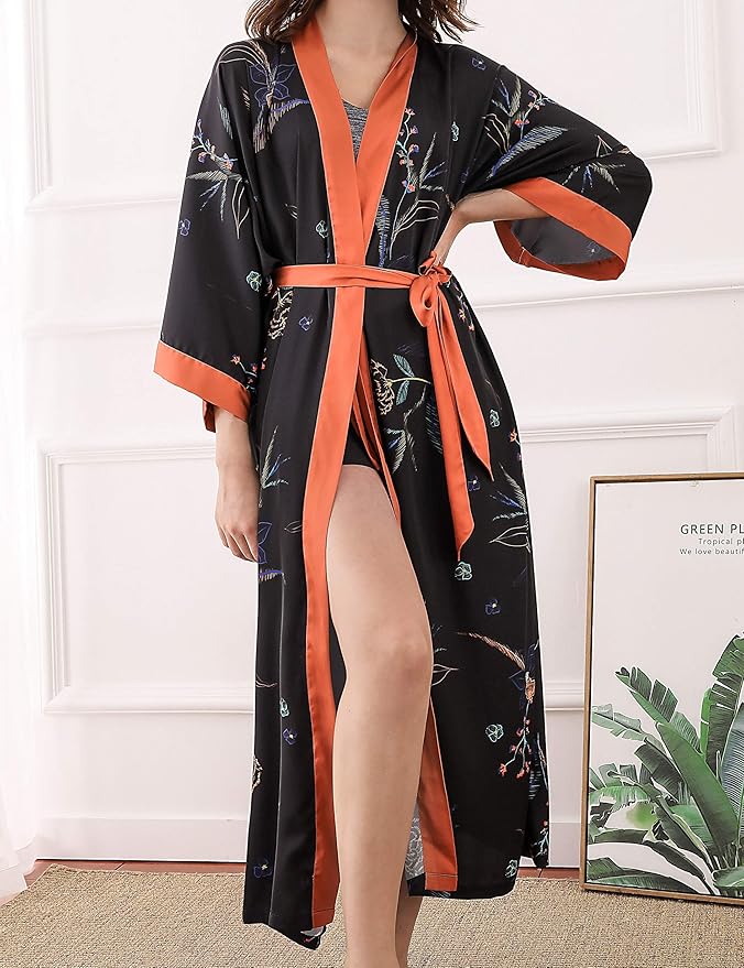 Aensso Long Soft Lightweight Silky Kimonos Robes for Women, Luxury Japanese Floral Womens Kimono Robe