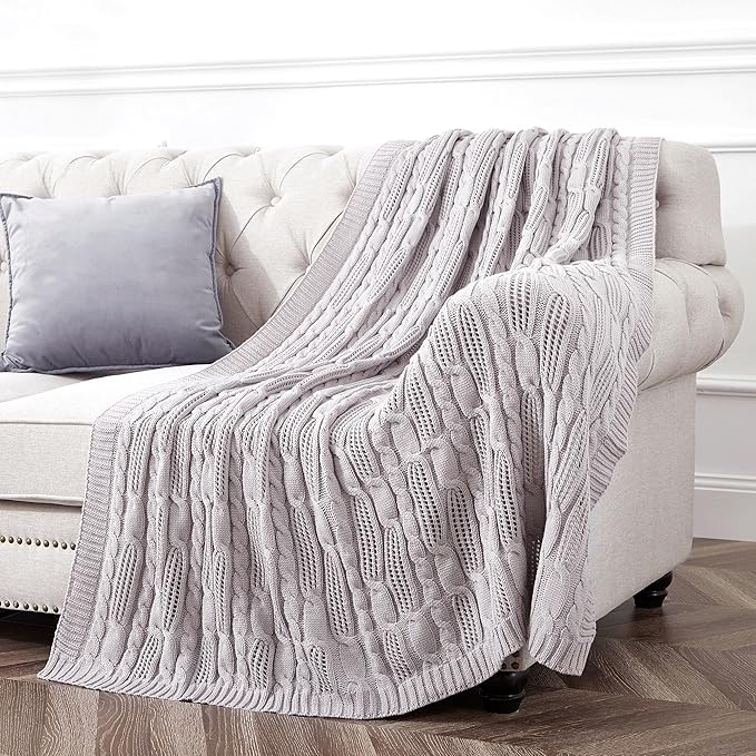 Aormenzy Cable Knit Throw Blankets 60 x 80 Inches, Soft Cozy and Lightweight Knitted Blanket, Machine Washable Acrylic Blanket, Decorative Throw Blanket for Couch Sofa Bed, Light Grey Purple