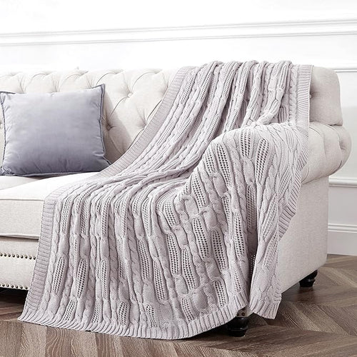 Aormenzy Cable Knit Throw Blankets 50 x 60 Inches, Soft Cozy and Lightweight Knitted Blanket, Machine Washable Acrylic Blanket, Decorative Throw Blanket for Couch Sofa Bed, Light Purple Grey